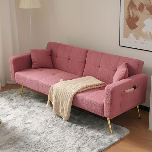 BTM Sofa Bed, 3 Seater Sofa Settee Couch with 3 Adjustable Backrest Angles, Gold Legs, Cushions and Side Storage Pockets, Pink Sharpa Surface