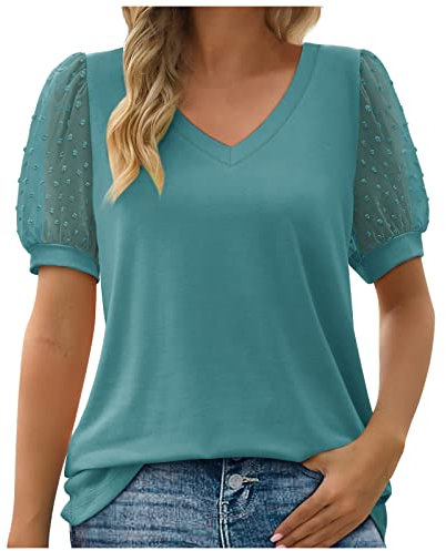 Womens Tops V Neck Ladies T Shirts Puff Sleeve Blouse Summer Tops for Women UK Ladies Swiss Dot Puff Sleeve Summer Tee Navy