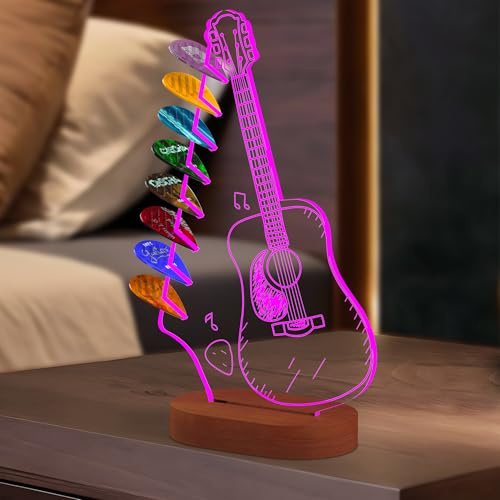 Alyoen Light Up Gitarre Pick Halter für 8 Picks Speicher, 7 Farboptionen Acryl Gitarre Kopfstock geformte Pick Halter mit Holz Basis und Display, Gitarre Zubehör, Geschenk für Gitarrenspieler
