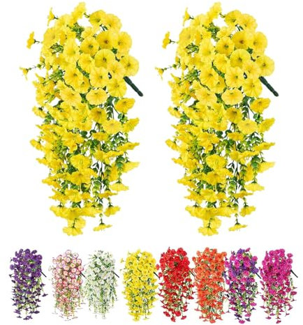 Denxahao 2 Stück Künstliche Blumen Hängend Kunstblumen Kunstpflanzen Imitationsblumen Kunstblumen Geeignet für Zuhause, Hochzeiten, Außenbereich, Hofdekoration und Wandanhänger (Gelb)
