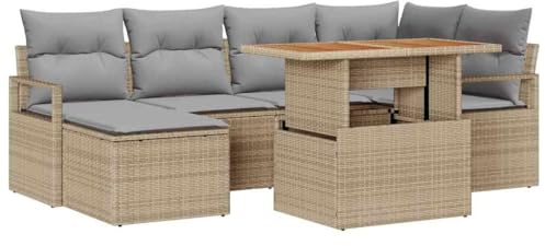 vidaXL Garten Essgruppe mit Kissen 7 pcs Beige und Grau, Verstellbare Füße Garten und Terrasse, modernes rechteckiges Essset, modulare Möbel für Balkon-Spaß