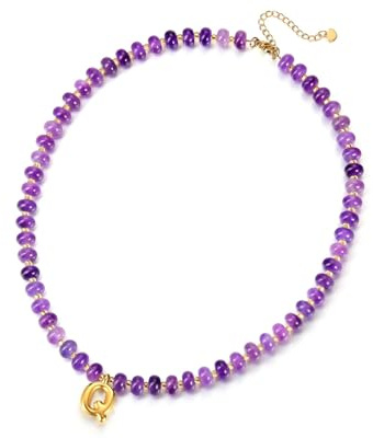 GEHECRST Damen Perlenkette mit Buchstaben Kette A-Z Chakra Heilsteine Halskette Echte Steine Perlenkette Amulett Kette Glücksbringer Personalisierte Geschenke für Frauen Mädchen (Lila Jade)