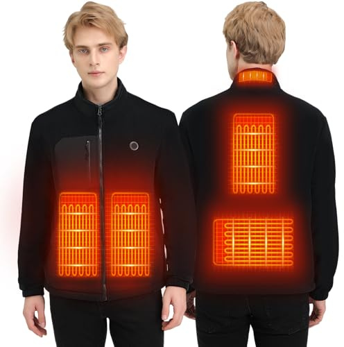 Mincoo Beheizbare Jacke Herren mit 10000 mAh Akku, Sherpa-Fleece Heizjacke Herren mit 5 Heizzonen und 3 Heizstufen, Schwarz, S