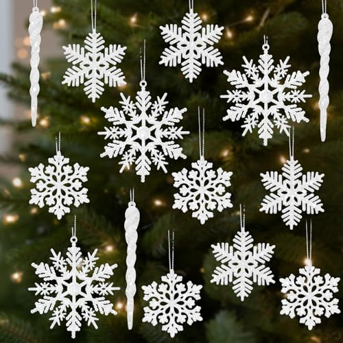 Kiiwah 22Pcs Christmas Tree Hanging Decorations, Glitter Snowflake Icicle Ornaments with Silver Line, Hanging Snowflake Icicles Pendants for Christmas Tree Decorations Party Holiday Winter Decor