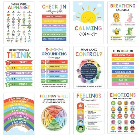 Calming Classroom Poster, 12 Stück, Kinder-Feelings, Raddiagramm, Emotions-Poster, sensorische Wandkunst, geeignet für Klassenzimmer-, Home Calm Space