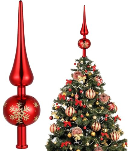 Weihnachtsbaumspitze Mit Schneeflockenmustern, Christbaumspitze Rot 24 cm Christbaumschmuck Spitze, Weihnachtsdeko Baumspitze Rot Christmas Tree Topper, Weihnachtsbaum Stern Spitze