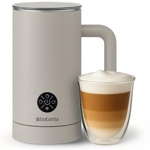 Brabantia Mousseur à lait électrique, 500 W, 300 ml, 4 en 1, sans BPA, moussage chaud et froid, 4 niveaux, couvercle transparent, revêtement anti-adhésif, témoin lumineux, blanc BBEK1048SB