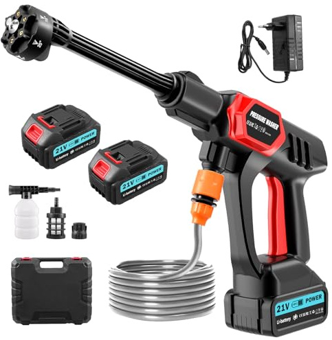 Nettoyeur Haute Pression sans Fil Portable,80Bar/1160PSI Nettoyeur Haute Pression avec 2×3.0Ah Batteries,Buse Rotative 6-en-1 et 180°,Tuyau de 5M,Pressure Washer pour Nettoyage et Arrosage