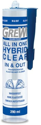 GREWI Adesivo ibrido trasparente All In One Hybrid Clear, adesivo di montaggio elastico, per vetro, metallo, legno, interno esterno, resistente ai raggi UV, verniciabile