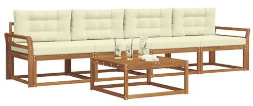 vidaXL Outdoor-Sofagarnitur mit Kissen 5 pcs Natur und Creme, Stylische Gartenmöbel, modernes Sofa-Set, langlebige Möbel für Poolbereich, Bequeme Sitzgelegenheiten für die Terrasse