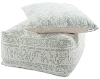 KADIMA DESIGN Teppich Paramount Pouf & Cushion Set 110 Elfenbein/Mint 80cm x 80cm Handgewebtes Set bestehend aus Hocker und Sitzkissen, unifarbene Rückseite, aus 100% Baumwolle