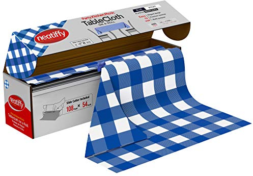 Neatiffy 137 cm x 30 m Einweg-Tischdecke aus Kunststoff, Party-/Bankett-Tischdecke, Tischdecken für rechteckige/runde/quadratische Tische, entspricht 12 Picknick-Packungen (blau kariert)