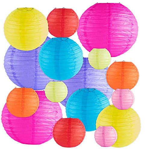 Super Z Outlet 16 Pack Assorted Colorful Decorative Chinese/Japanese Floating Sky Paper Lanterns Metal Frame for Events, Party Decoration (Multiple Sizes)