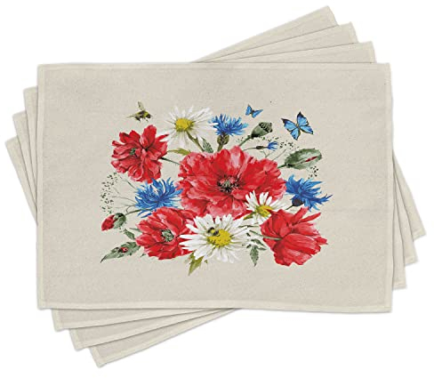 ABAKUHAUS Blumen Platzmatten, Vintage Mohnblumen Daisy, Waschbare Stoff Esszimmer Küche Tischdekorations Digitaldruck, Himbeere