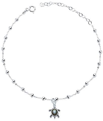 Iyé Biyé Jewels Bracelet de cheville pour femme Tortue avec pendentif en argent sterling 925 Chaîne boules 21 + 5 cm réglable