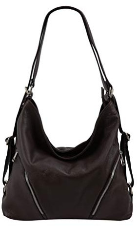 SH Leder 2in1 Handtasche Rucksack Damen Schultertasche Daypack CityRucksack aus Echt genarbt Leder (B 35cm x H 34cm xT 12cm) Sara G689 (Dunkel Braun)