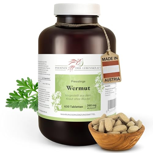 Wermut Tabletten mit 360 mg gemahlenem Wermutkraut (Artemisia absinthium, bitterer Beifuß), praktische Tabletten statt Kapseln