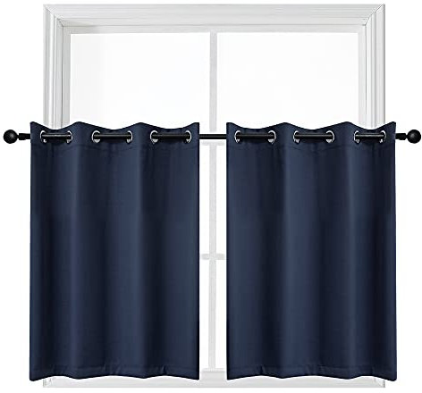 YGO Navy Blue Blackout Curtain Tiers Light Block Energy Saving Drapes Set Blinds Grommet Top Window Valances for Kitchen 52 inch W x 24 inch L 2 Pieces