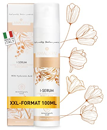 Siero Viso Acido Ialuronico Puro 100% I-SERUM 100ml [Texture EVANESCENTE] - Siero Viso Idratante e Antiossidante ricco di Vitamina E - Pelle Più Distesa, Luminosa Setosa AMADERM