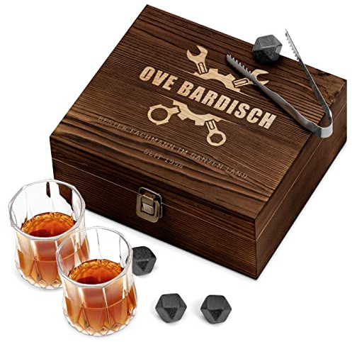 Maverton Whisky Steine Set in Holzbox mit Gravur, 8 Eiswürfel mit 2 Gläsern