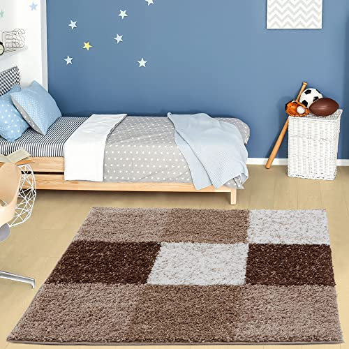THE RUGS Area Rug – Modern Luxury Shaggy Rug, Multicolour Pattern Carpet, Ultra Soft for Bedroom, Living Room, Kids Room, (120 cm Square, Brown)