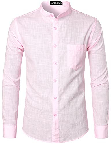 PARKLEES Chemise boutonnée à manches longues en coton et lin pour homme avec poche, rose, XL