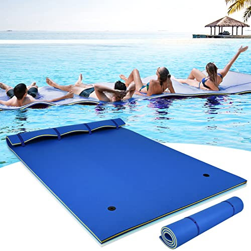 RELAX4LIFE Tapis Flottant Piscine en Mousse XPE 270x180cm pour Piscine Plage Lac, Hamac Flottant Piscine avec Oreiller Roulé pour Sports Nautiques, Bronzage d’Eté, Charge 300kg(Bleu XL)