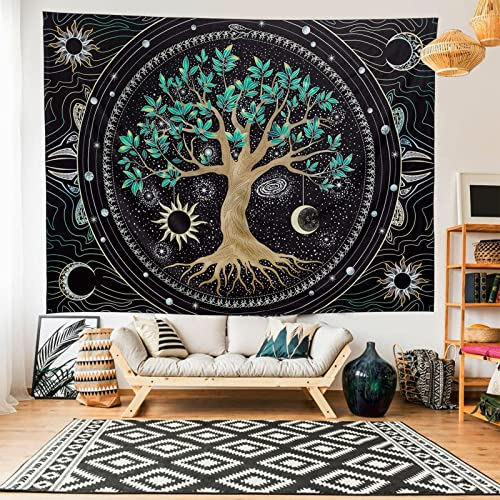 MOROBOR Ästhetischer Baum des Lebens Wandteppich, 152,4 x 203,2 cm, bunter Wandteppich, Hippie, Sonne, Mond, Stern, Galaxie, Weltraum, Wandbehang, Dekoration für Schlafzimmer, Wohnzimmer, Wohnheim