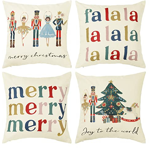 NEWLIGHTURE Frohe Weihnachten, Nussknacker-Ballett-Kissenbezüge, 4 Stück, Winterurlaub, Party, dekorative Wurfkissenbezüge für Zuhause, Sofa, Bett, Stuhl (45,7 cm L x 45,7 cm B)