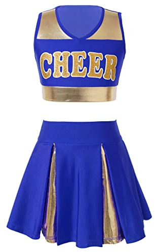 MSemis Cheer leader Kostüm Kinder Mädchen Cheerleading Uniform Cheerleadingkleid/Ärmellos Crop Top mit Minirock Halloween Tanzkostüm B- Blau 170-176