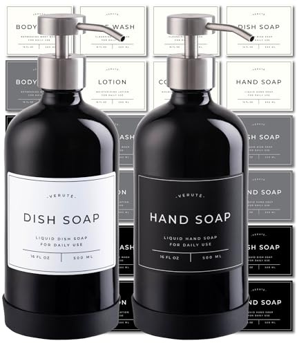 Glass Soap Dispenser Set for Kitchen & Bathroom - 2 x 500ml Refillable Glass Bottles with Stainless Steel Pumps, Non-Slip Silicone Base & 27 Waterproof Labels (Gloss Black Bottle/Brushed Silver Pump)