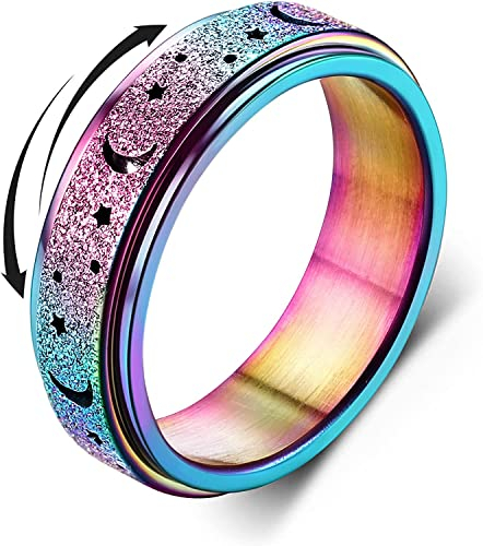 Diamday Anti-Angst Spinner Ringe Fidget Band Ringe für Stress Angstlinderung für Damen Herren Edelstahl Roller Ringe Stress Ringe Drehbarer Ringe Angst Ringe Mondstern Sand Blast Finish Mehrfarbig 52