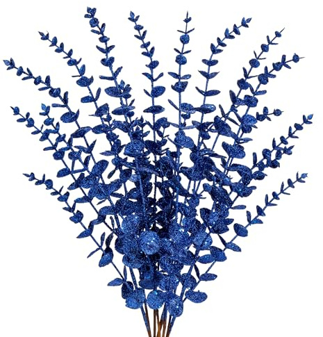 8PCS Christmas Eucalyptus Leaves Glitter Eucalyptus Stems, 65CM Blue Artificial Christmas Tree Decorations, Fake Foliages Xmas Ornaments for Wedding, Party, Flower Arrangement, Wreath, Garland Decor