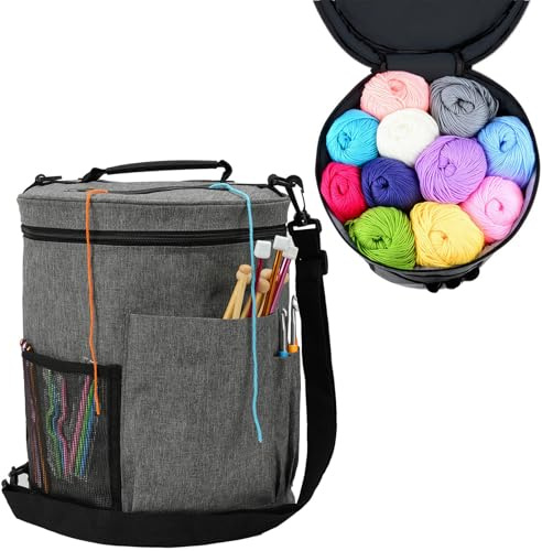 Stricktasche Aufbewahrung, Häkeltasche Aufbewahrung Handarbeitstasche Groß Portable Tasche Wolle Aufbewahrung für Wolle Häkeltasche Groß für Wolle, Stricknadeln Zubehör (Grau)