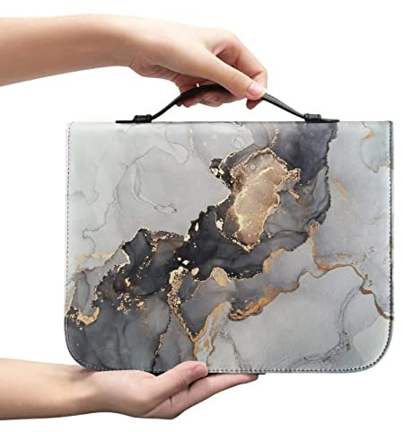 COEQINE Custodia Bibbia in pelle di marmo per donna, custodia a libro nera oro bianco con tasca per telefono astuccio con manici per viaggio taglia L