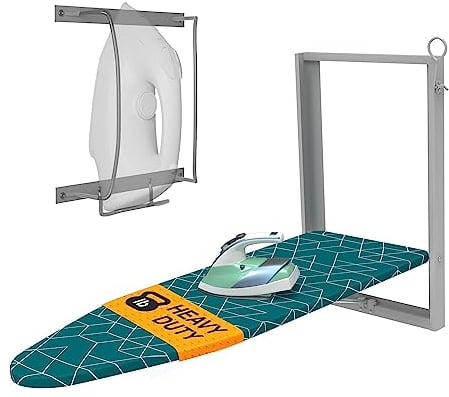 Xabitat Wall Mounted Ironing Board with Iron Holder, 36.2 X 12.2 Compact Mount Fold Down Ironing Board for Small Spaces, Space Saving with Cotton Fabric Cover, Green and Grey