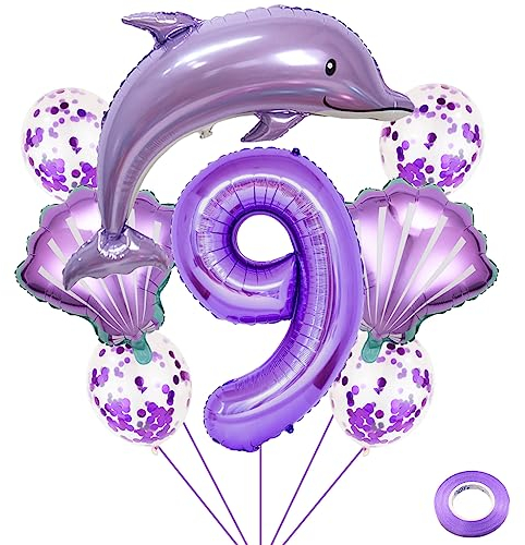 Weenkeey 9 Jahre Delfin Geburtstag Deko - Große Folienballon, Lila Zahl 9 Luftballon für Mädchen Party