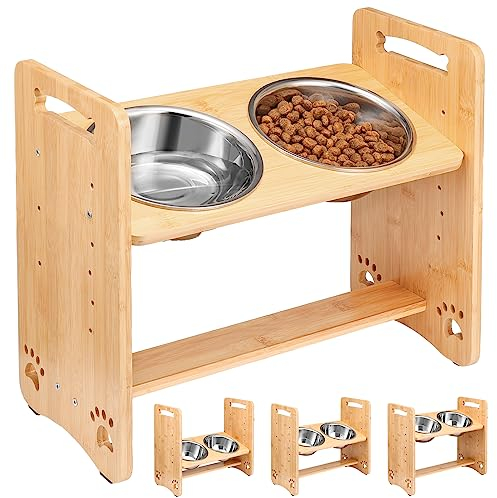 Petbank Raised Dog Bowl with Stand - Elevated Dog Bowls with 6 Adjustable Heights(5.5”-11.4”) - 18°Tilt Dog Bowl Shelf - Pet Food Feeder with 2 Stainless Steel Bowls for Large/Medium/Small Pet