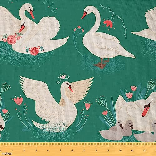 Weißer Schwan Stoff Durch Den Hof Elegante Tiere Teal Blue Lake Polsterung Stoff Sofa Nähen Aquarell Rosa Blumen Pflanze Wasserdicht 92x150