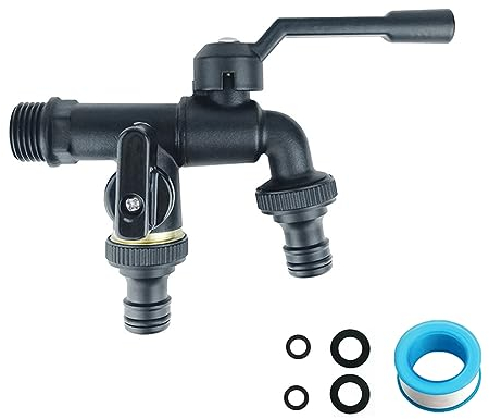 QHENS Wasserhahn Garten 1/2 Zoll, Garten Wasserhahn Doppel Schwarz aus Messing mit 2x 3/4 Auslaufhahn, Kalkresistent, Frostsicher & Langlebig für Bewässerung & Reinigung