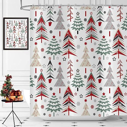 Hnmdmyi Rideau de Douche Noël 180x180, Coloré Arbres de Noël étoiles Hiver Flocon de Neige Vacances Ferme Rideau de Baignoire imperméable Tissu Polyester Lavable Rideau de Bain avec Crochets
