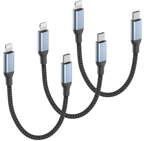6 Inch USB C to Lightning Cable, 3Pack [MFi Certified] 0.5 foot Short Type c to iPhone Charger Cable Nylon Braided USBC Fast Charging Cord for iPhone 14/13/12/11Pro/X/XR/8/7/6/Plus/SE/iPad, PowerBank