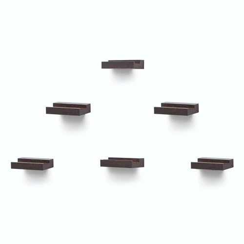 PHOENANCEE Solid Oak Wood, Record Wall Mount Shelf, Record Display Holder for LP Storage, Easy Install Floating Shelves(Dark Walnut, Set of 6)