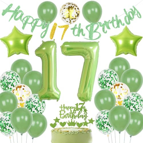 Grün Geburtstagsdeko 17 Junge, Grün 17 Geburtstag Deko Mädchen, Luftballons 17. Geburtstagsdeko Jungen 17. Geburtstag, 17. Mädchen Ballon, 17. Party Deko