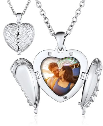 Custom4U Collier Pendentif Coeur Ouverte Photo Personnalisé Femme Collier Médaillon Locket Aile d'ange Photo