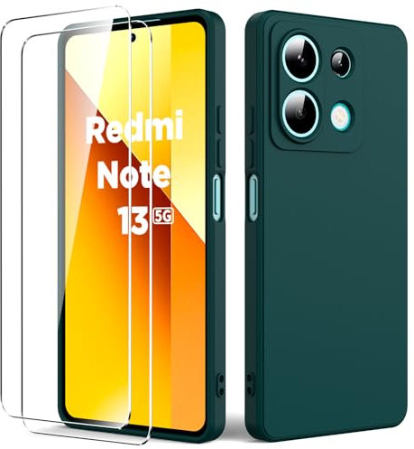 Byvuwiay Cover per Xiaomi Redmi Note 13 5G con 2 Vetro Temperato Pellicola Protettiva, Custodia in TPU Ultra Sottile Antiurto Anti-Scratch Case, Verde scuro