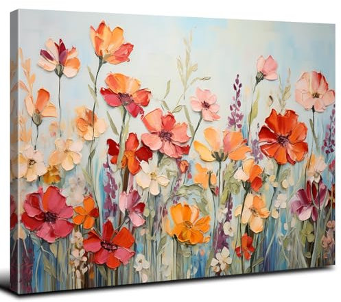 sunfrower Toile murale abstraite à l'huile de fleurs sauvages colorées – peintures à l'aquarelle de coquelicots et marguerites – Œuvre d'art rustique pour décoration d'intérieur – 50,8 x 76,2 cm