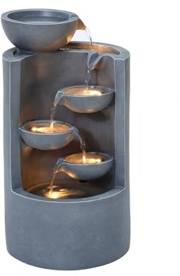 Serenity Four Bowl Cascading Water Feature With LED Lights 57 cm Tall Polyresin Stone-Effect Design Self Contained