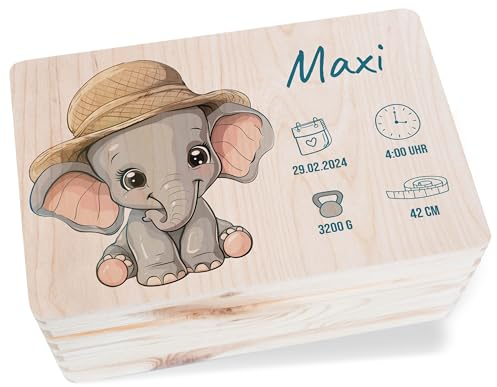 Holz Geschenkbox Holzkiste - Erinnerungsbox Baby Personalisiert mit Elefant und Name | Personalisierte Geschenke Baby Geburt | Geschenke zur Geburt - 30 x 20 x 14 - Holz - erinnerung neugeborene