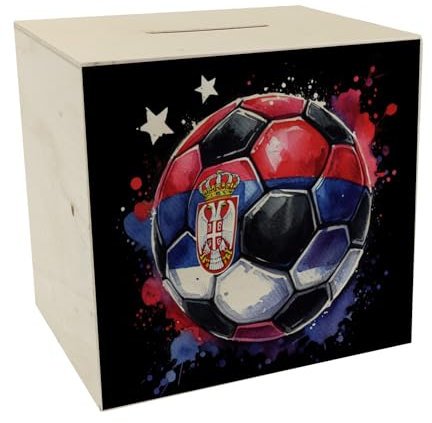 Fußball Serbien Flagge Spardose aus Holz EM 2024 Nationalflagge Rot Blau Sport Ball Perfekte Geschenkidee
